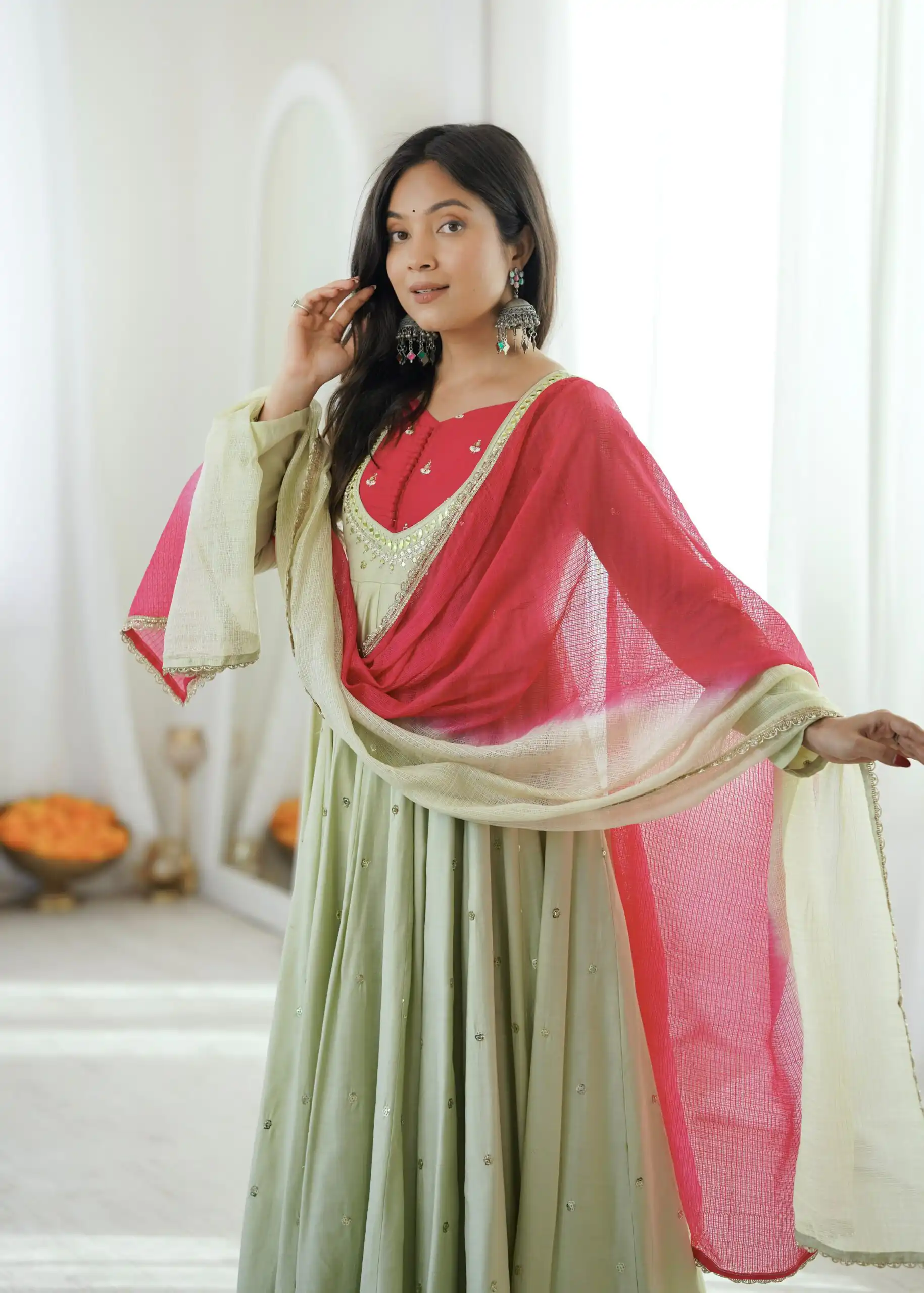 Lovely Pista Roman Silk Mirror Embroidery Work Gown