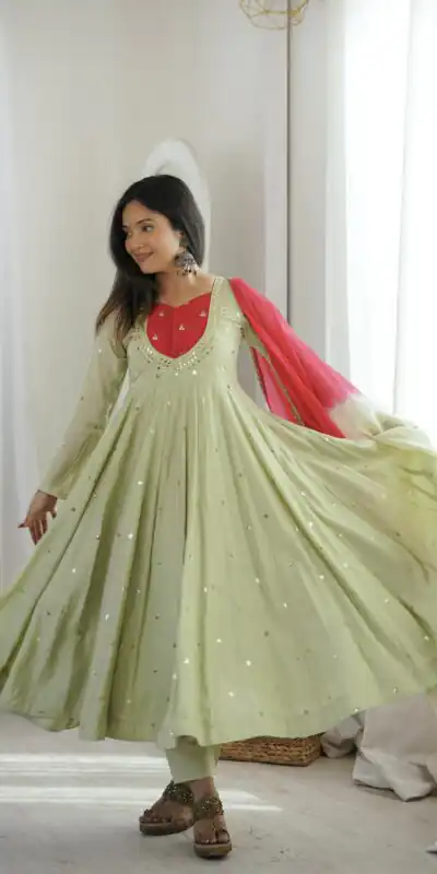 Lovely Pista Roman Silk Mirror Embroidery Work Gown