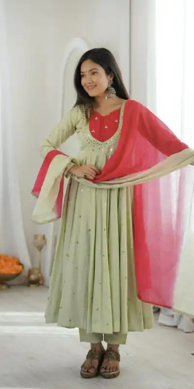 Lovely Pista Roman Silk Mirror Embroidery Work Gown