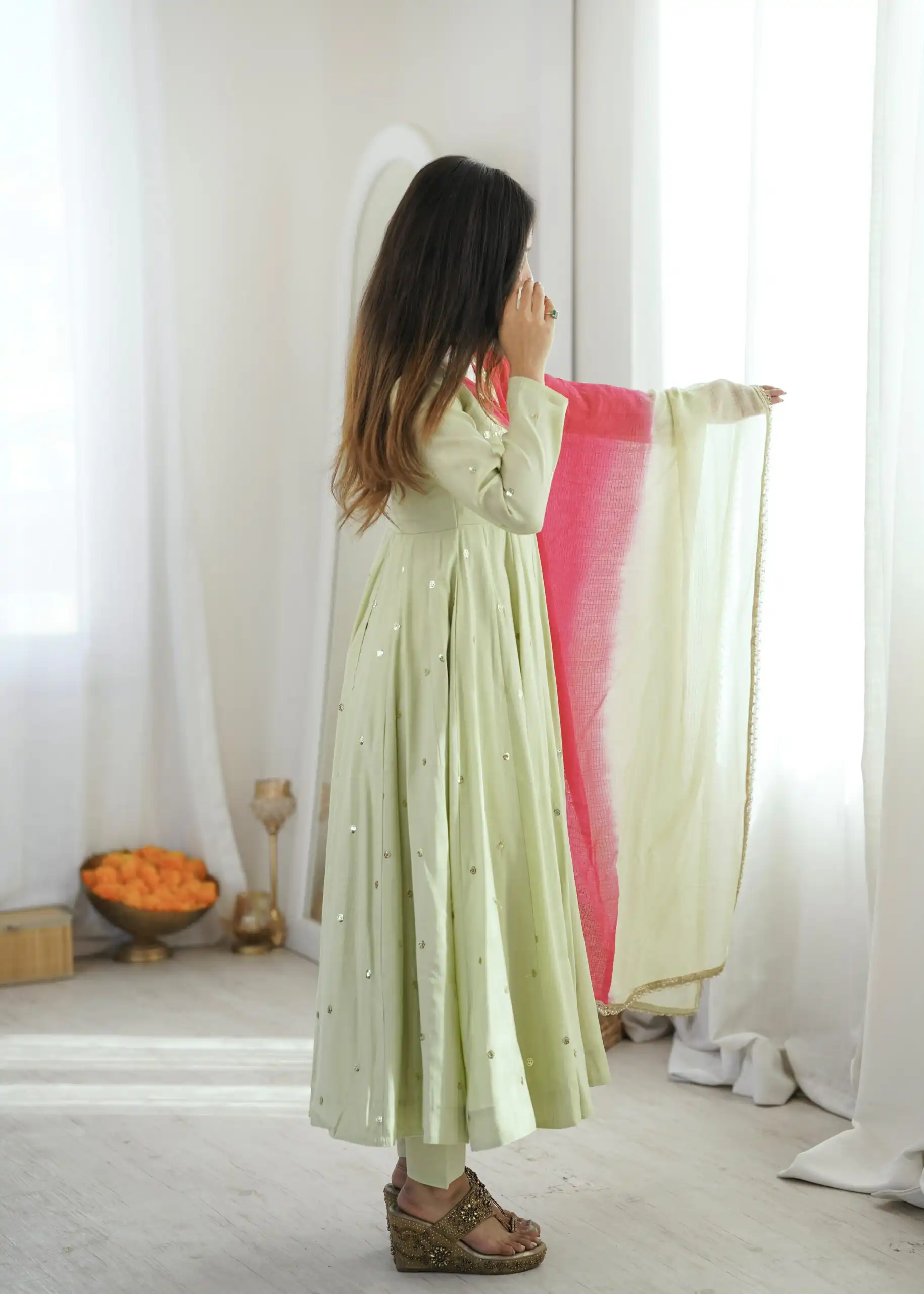 Lovely Pista Roman Silk Mirror Embroidery Work Gown