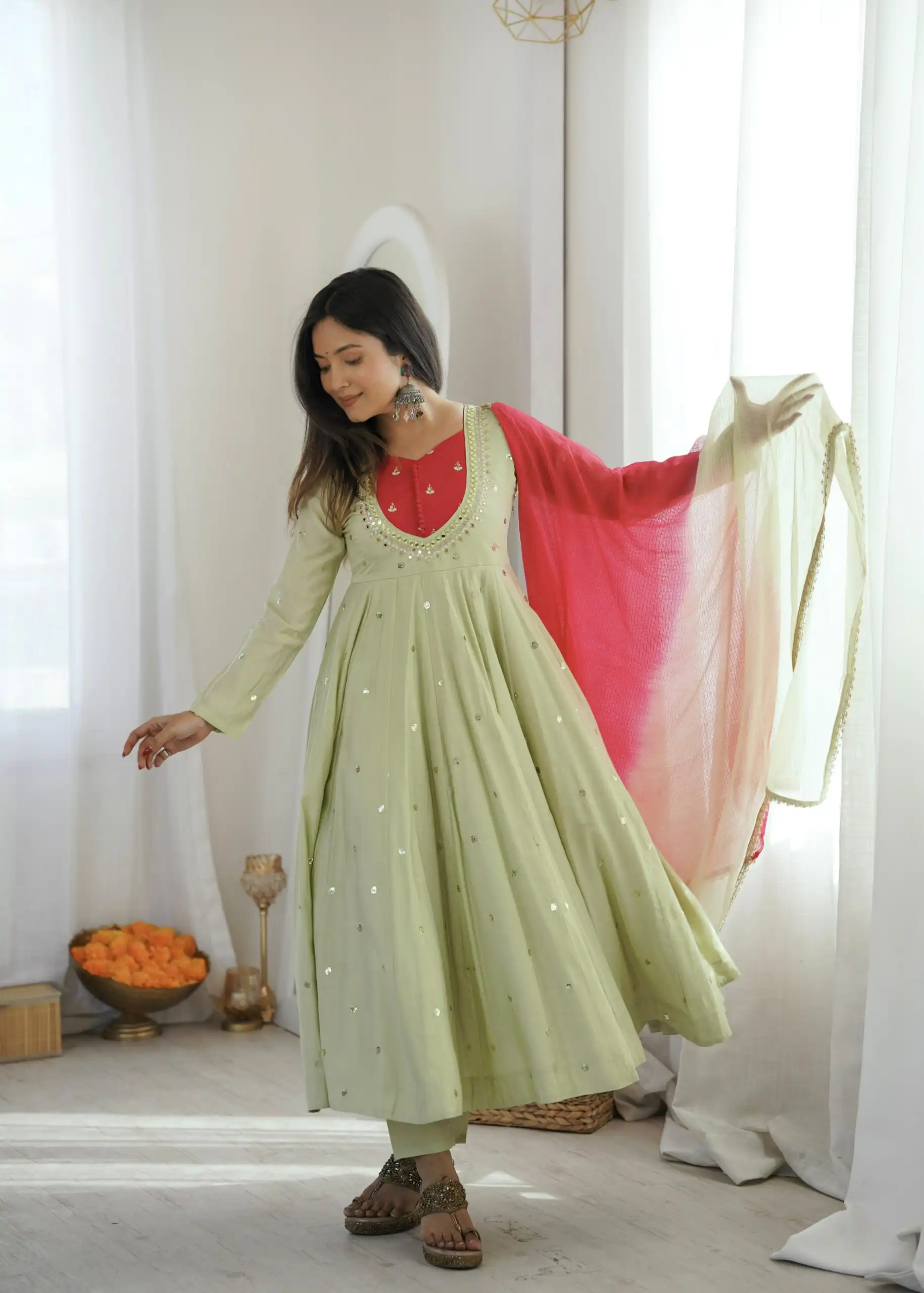 Lovely Pista Roman Silk Mirror Embroidery Work Gown