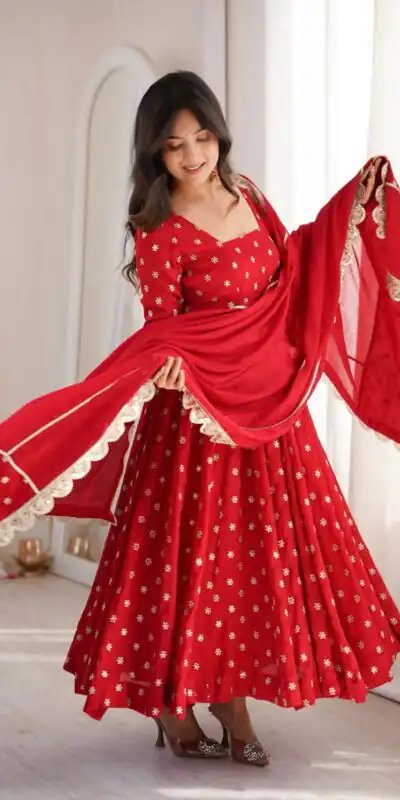 Lovely Red Chinon Silk Sequence Zari Work Salwar Suit