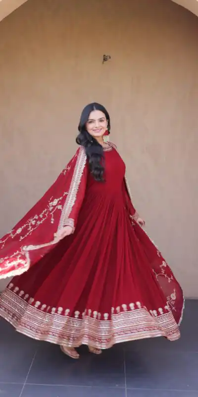 Magical Maroon Faux Blooming Zari Embroidery Work Gown