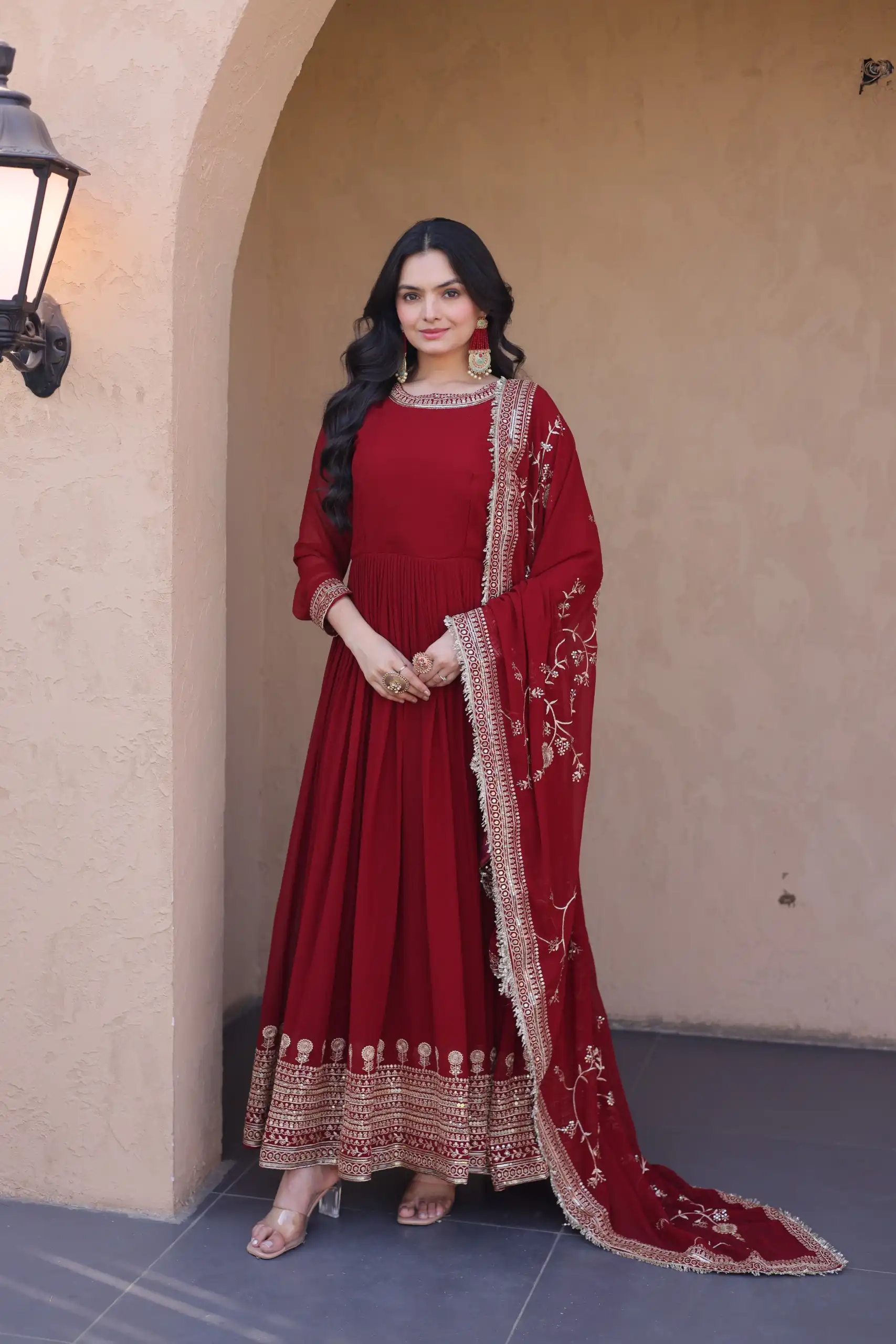 Magical Maroon Faux Blooming Zari Embroidery Work Gown