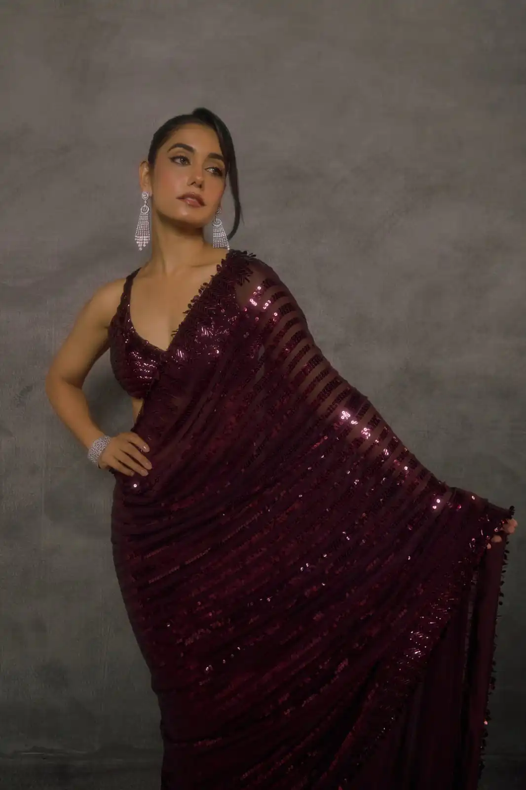 Magical Wine Faux Georgette Embroider Work Saree