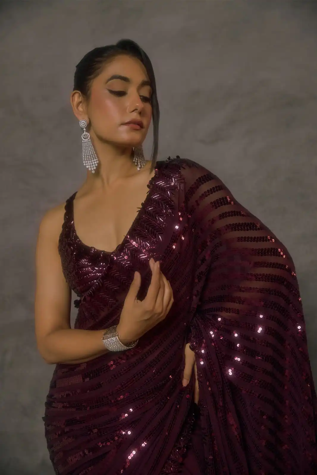 Magical Wine Faux Georgette Embroider Work Saree