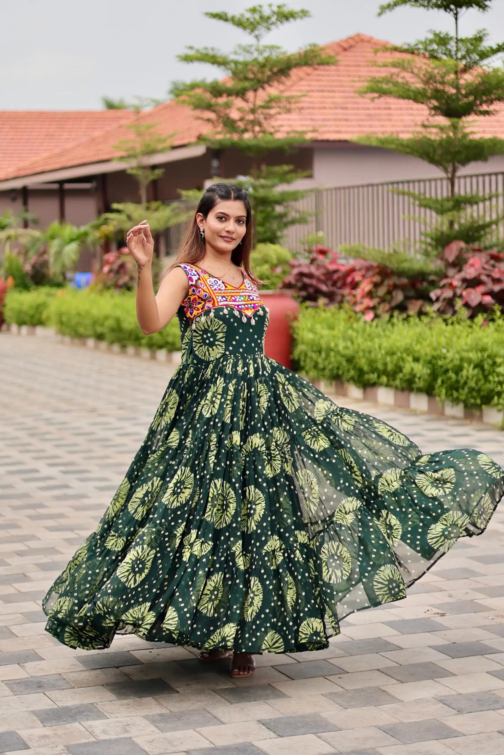 Majestic Green Faux Georgette Mirror Work Gown