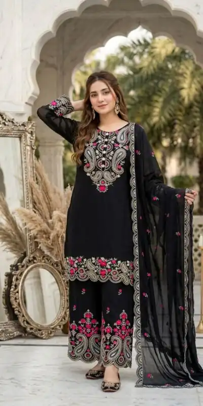 Nice Black Roman Silk Sequins Work Sawar Suit