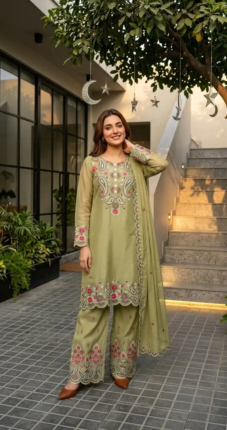 Nice Pista Roman Silk Sequins Work Sawar Suit