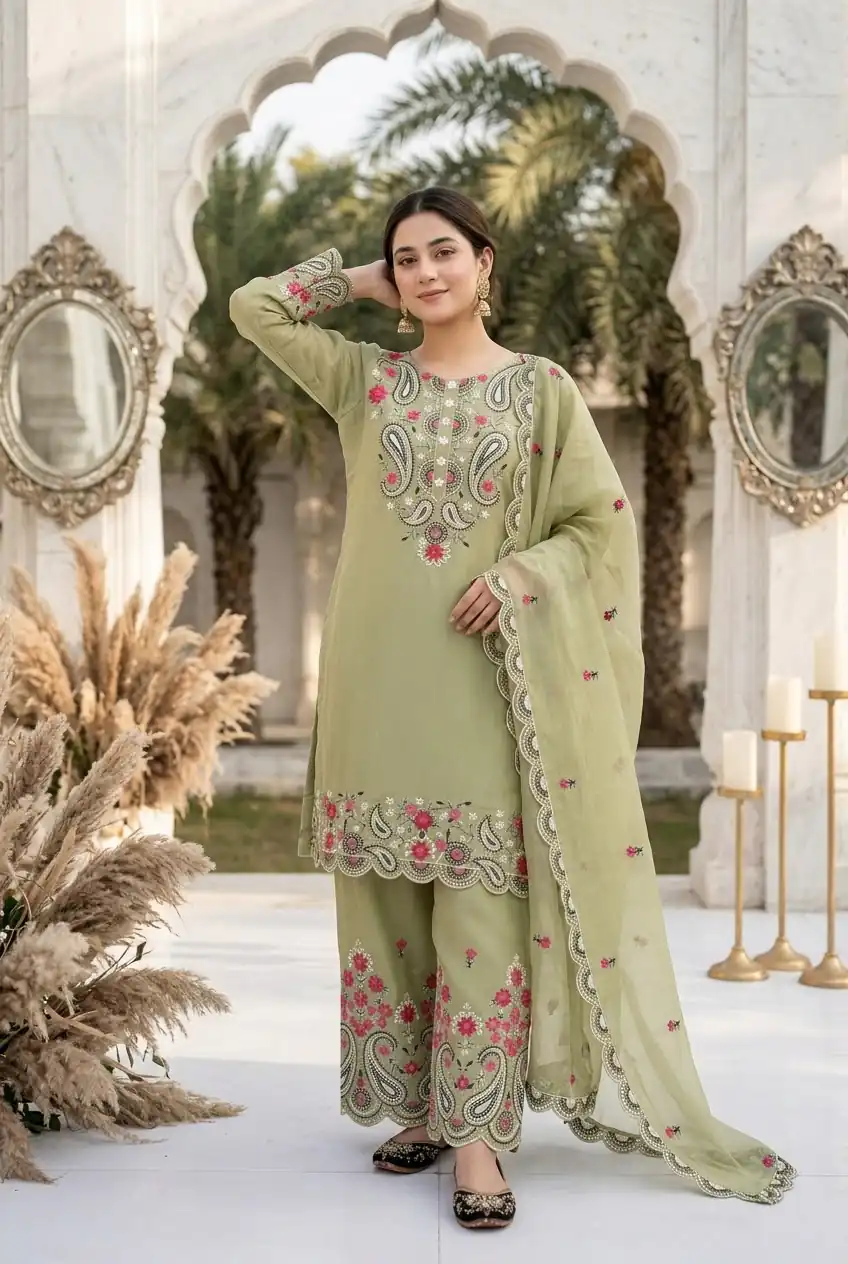 Nice Pista Roman Silk Sequins Work Sawar Suit