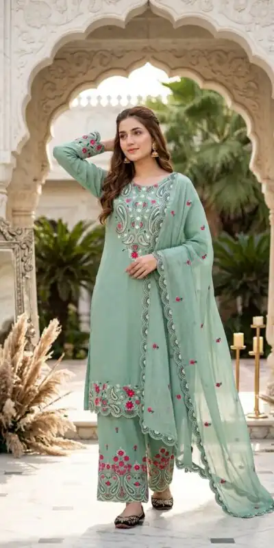 Nice Sea Green Roman Silk Sequins Work Sawar Suit