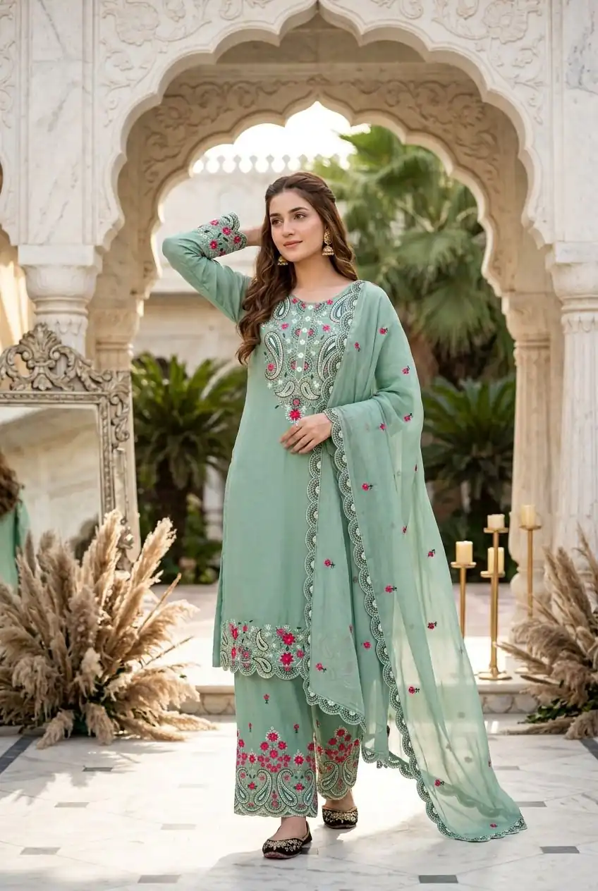 Nice Sea Green Roman Silk Sequins Work Sawar Suit