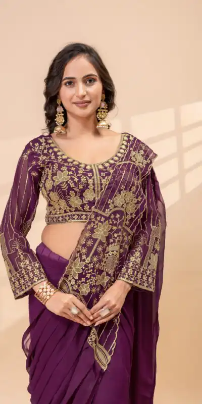 Nice Wine Faux Georgette Embroidery Bead Work Saree