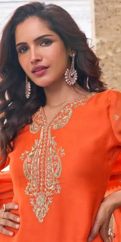Perfect Orange Chinon Silk Embroidery Salwar Suit