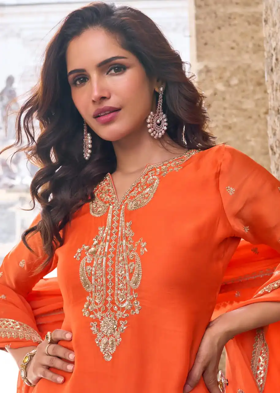 Perfect Orange Chinon Silk Embroidery Salwar Suit