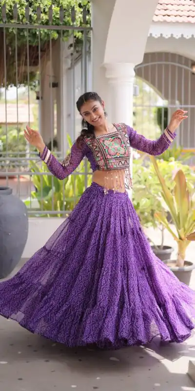 Perfect Purple Faux Georgette Print Embroider Work Lehenga Choli
