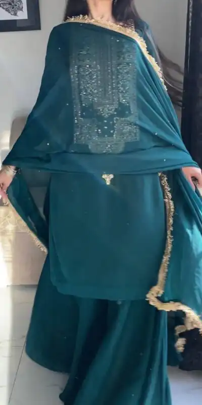 Perfect Teal Fox Georgette Embroidery Work Salwar Suit