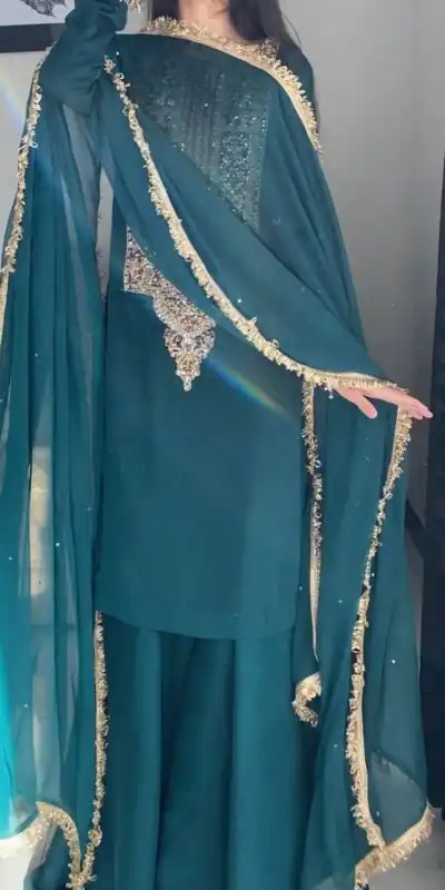 Perfect Teal Fox Georgette Embroidery Work Salwar Suit