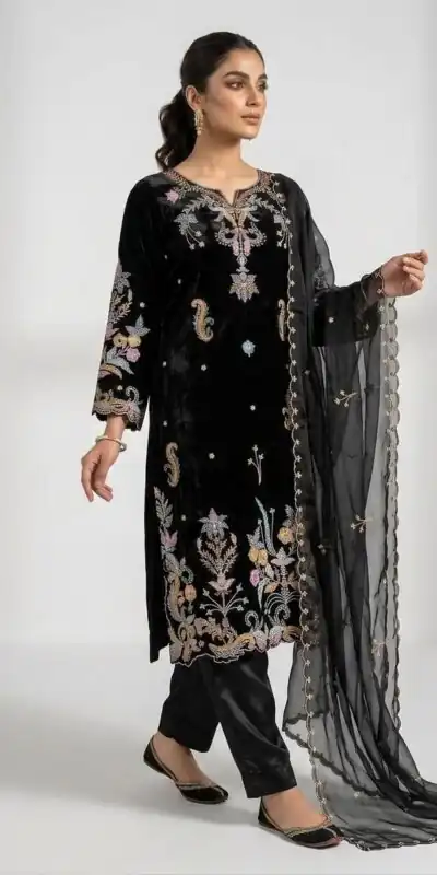 Pretty Black Roman Glass Embroidery Work Salwar Suit