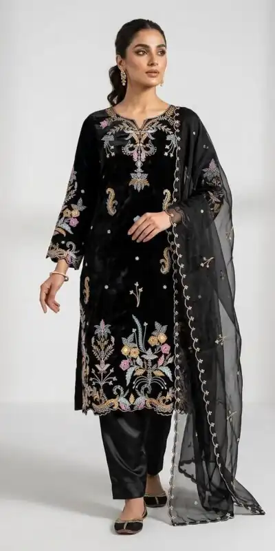 Pretty Black Roman Glass Embroidery Work Salwar Suit