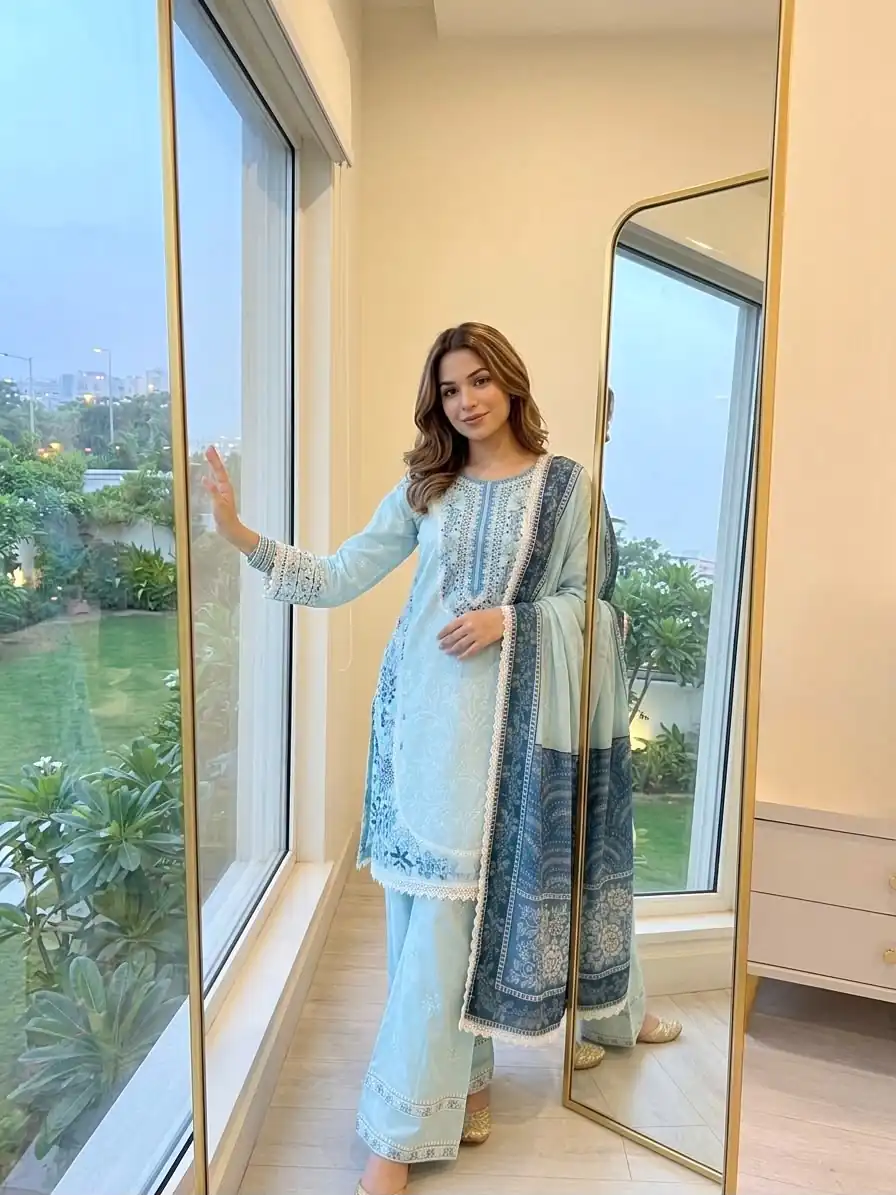 Pretty Blue Satin Rayon Embroidery Digital Print Salwar Suit