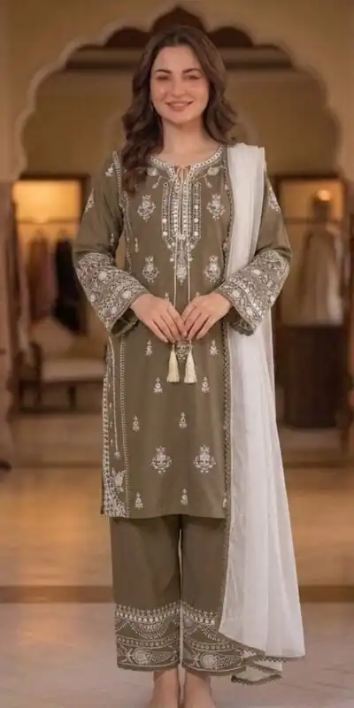 Pretty Brown Faux Georgette Mirror Embroidery Work Salwar Suit