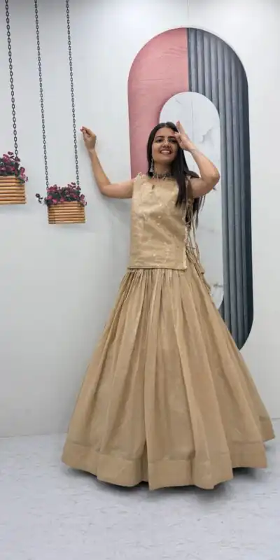 Pretty Cream Crunchy Silk With Sequins Work Lehenga Choli