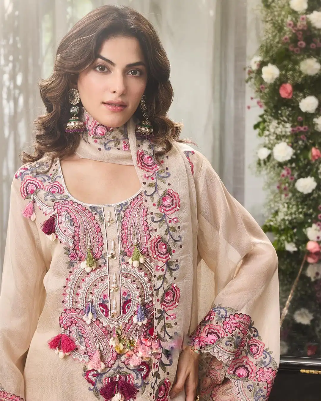 Pretty Cream Georgette Embroidery Work Salwar Suit