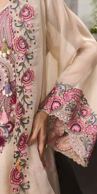 Pretty Cream Georgette Embroidery Work Salwar Suit