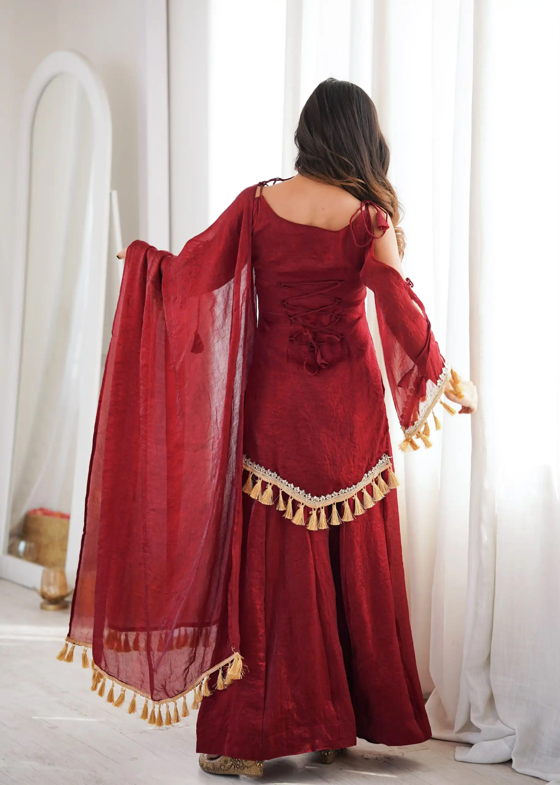 Pretty Maroon Doremon Crush Mirror Work Salwar Suit.