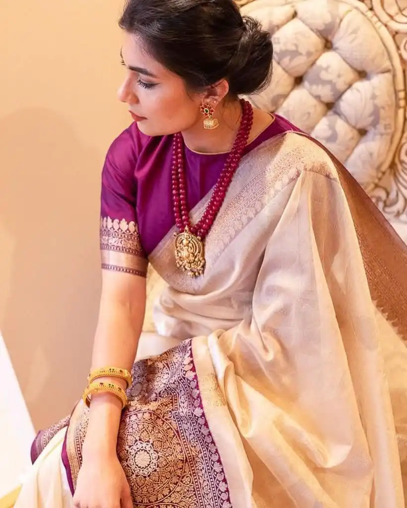 Pretty Off White Soft Lichi Silk Gold Zari Work Saree