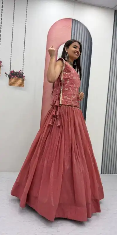 Pretty Peach Crunchy Silk With Sequins Work Lehenga Choli