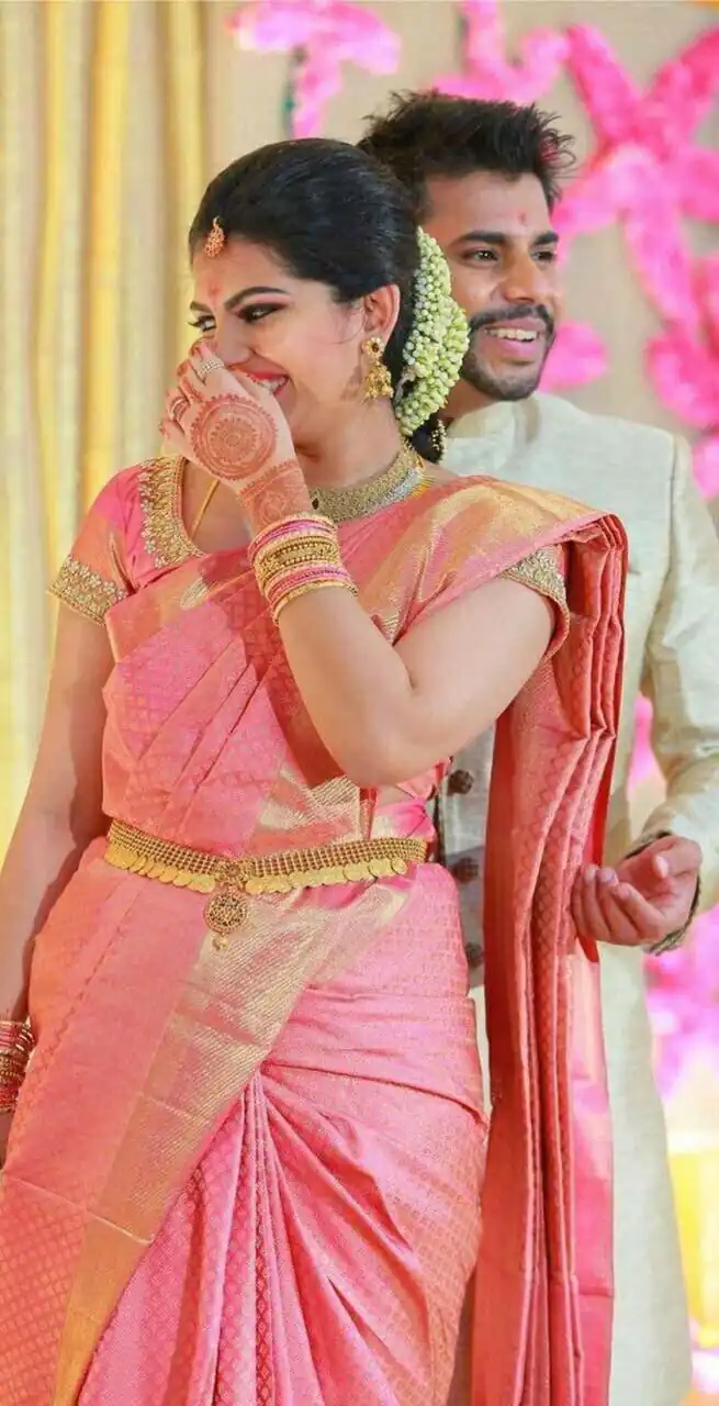 Pretty Peach Soft Lichi Silk Lace Border Work