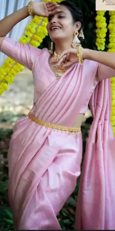 Pretty Pink Soft Lichi Silk Lace Border Work