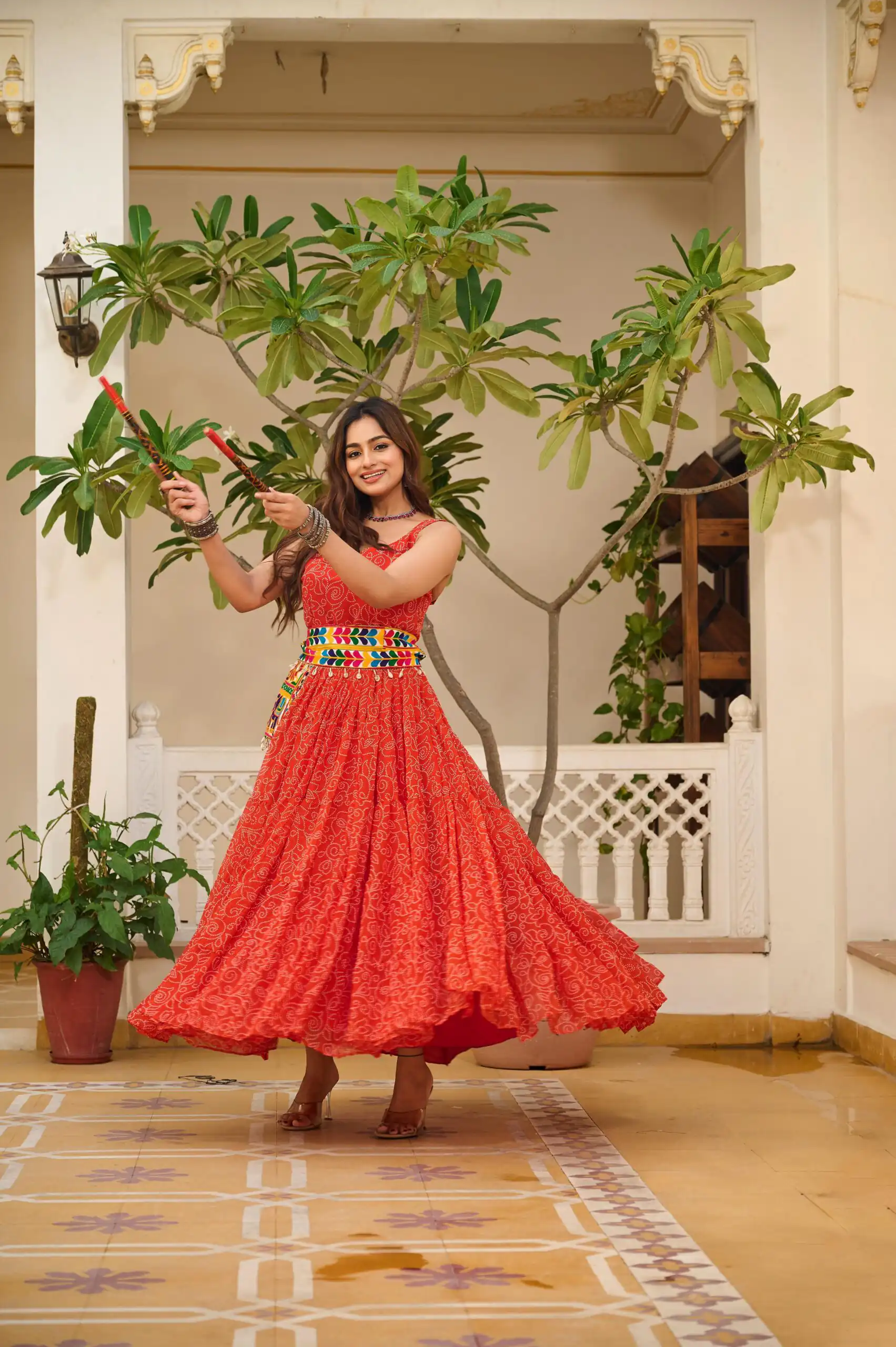 Pretty Red Faux Georgette Mirror Gamathi Work Gown