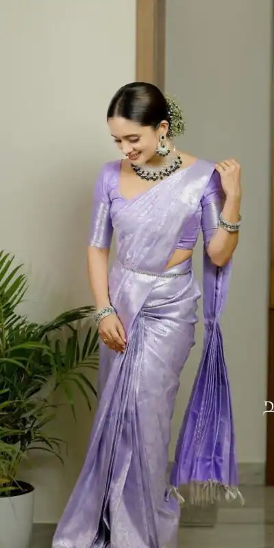 Shiny Lavender Soft Lichi Silk Jacquard Lace Work Saree