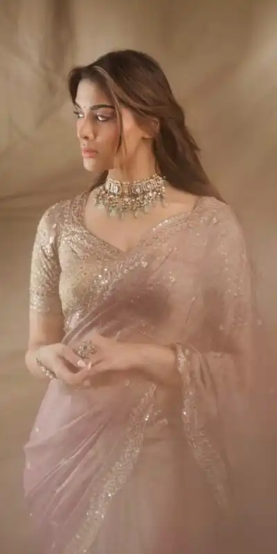 Shiny Light Peach Tissue Salsa Crush Embroidery Saree