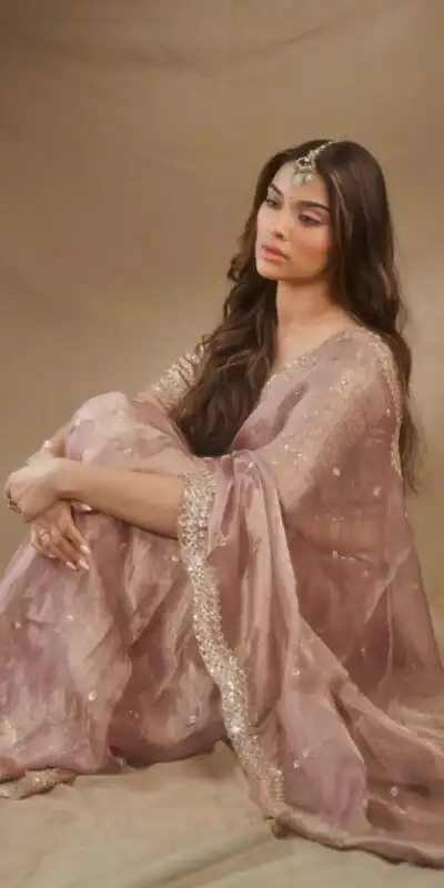Shiny Light Peach Tissue Salsa Crush Embroidery Saree