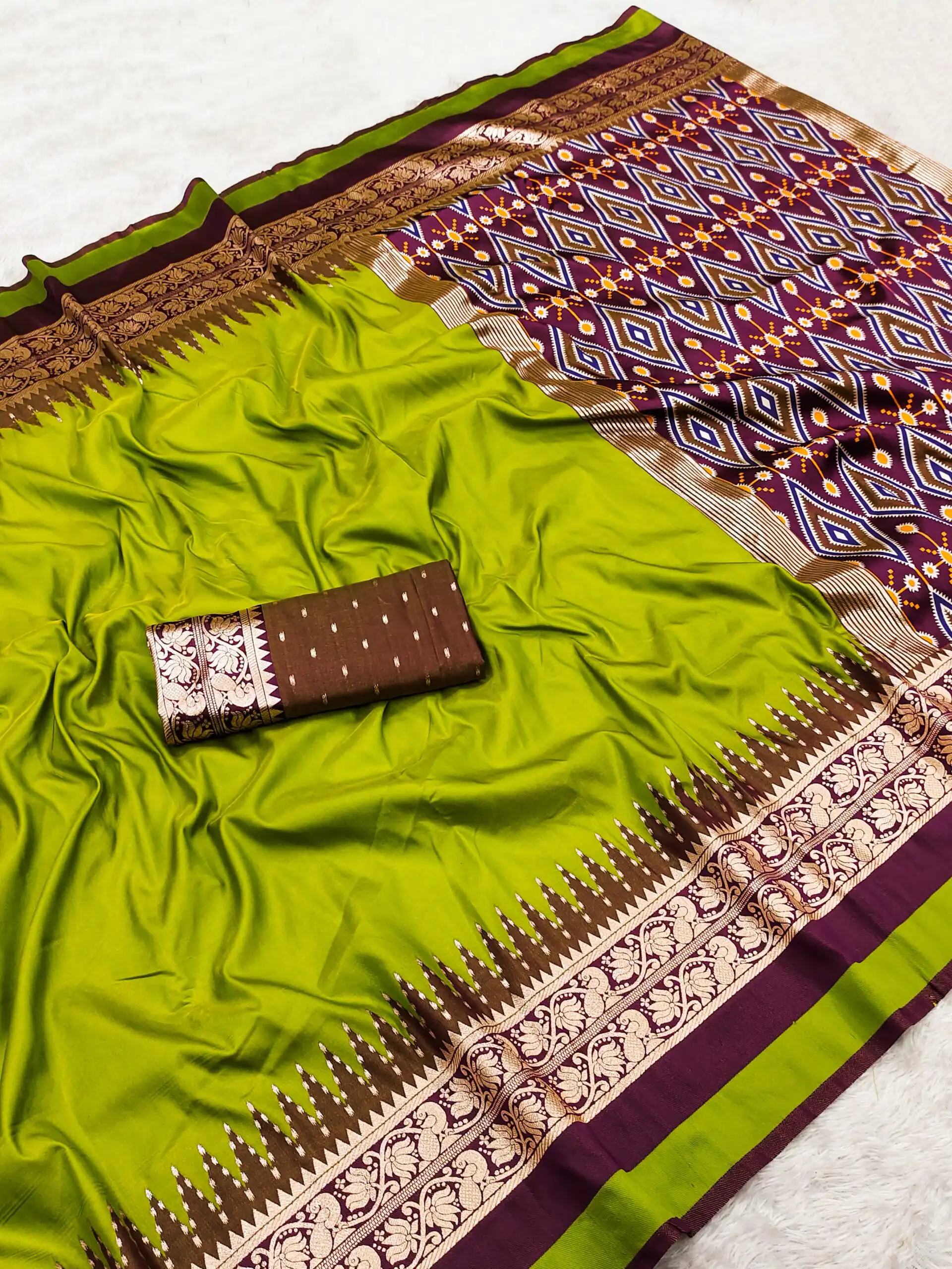 Shiny Mehandi Soft Crafted Moti Zari Work Saree