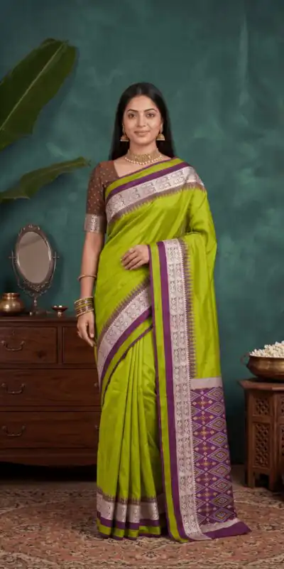 Shiny Mehandi Soft Crafted Moti Zari Work Saree