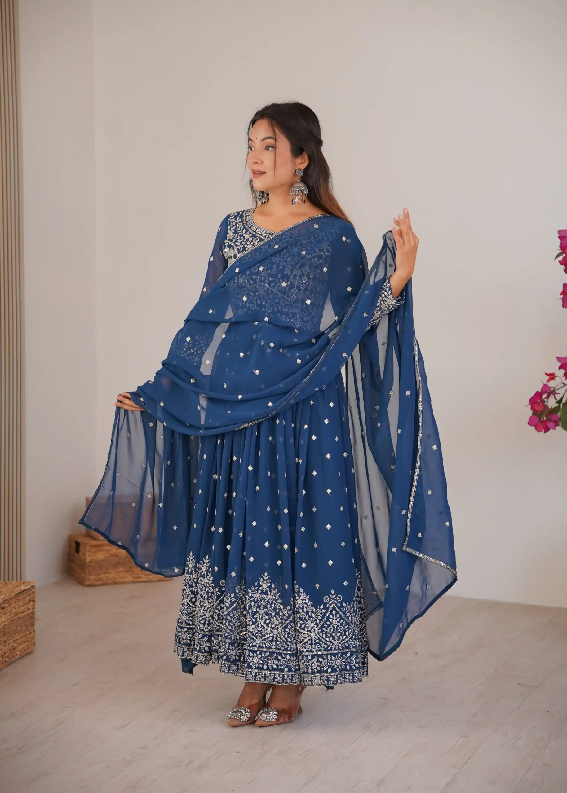 Shiny Navy Blue Faux Georgette Thread Work Anarkali Suit