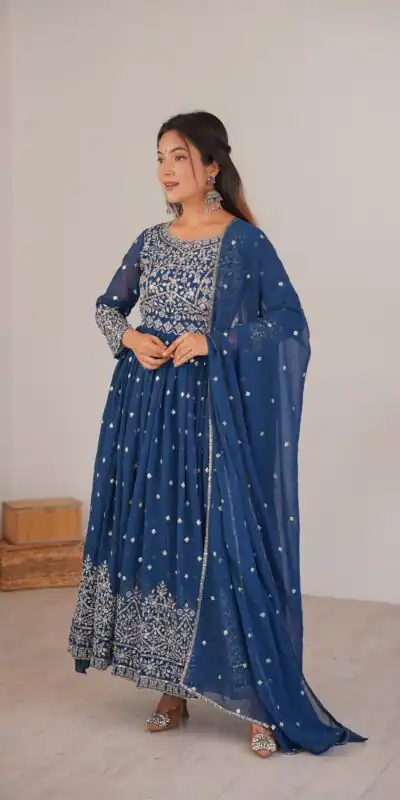 Shiny Navy Blue Faux Georgette Thread Work Anarkali Suit