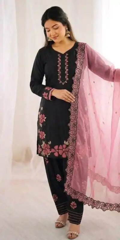 Shiny Pink Roman Glass Embroidery Work Salwar Suit
