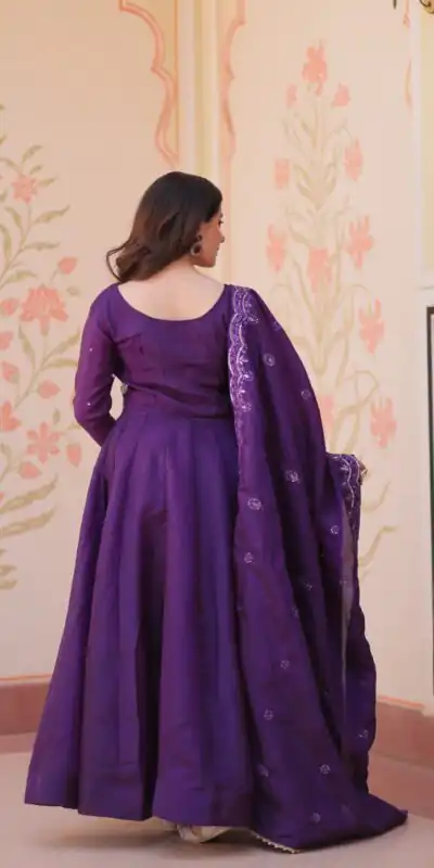 Shiny Purple Gold Crush Beads Embroidery Work Gown