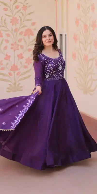 Shiny Purple Gold Crush Beads Embroidery Work Gown