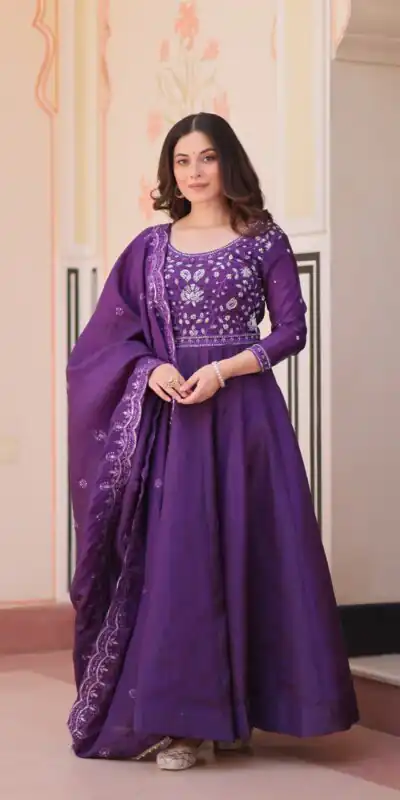 Shiny Purple Gold Crush Beads Embroidery Work Gown
