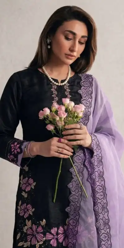 Shiny Purple Roman Glass Embroidery Work Salwar Suit