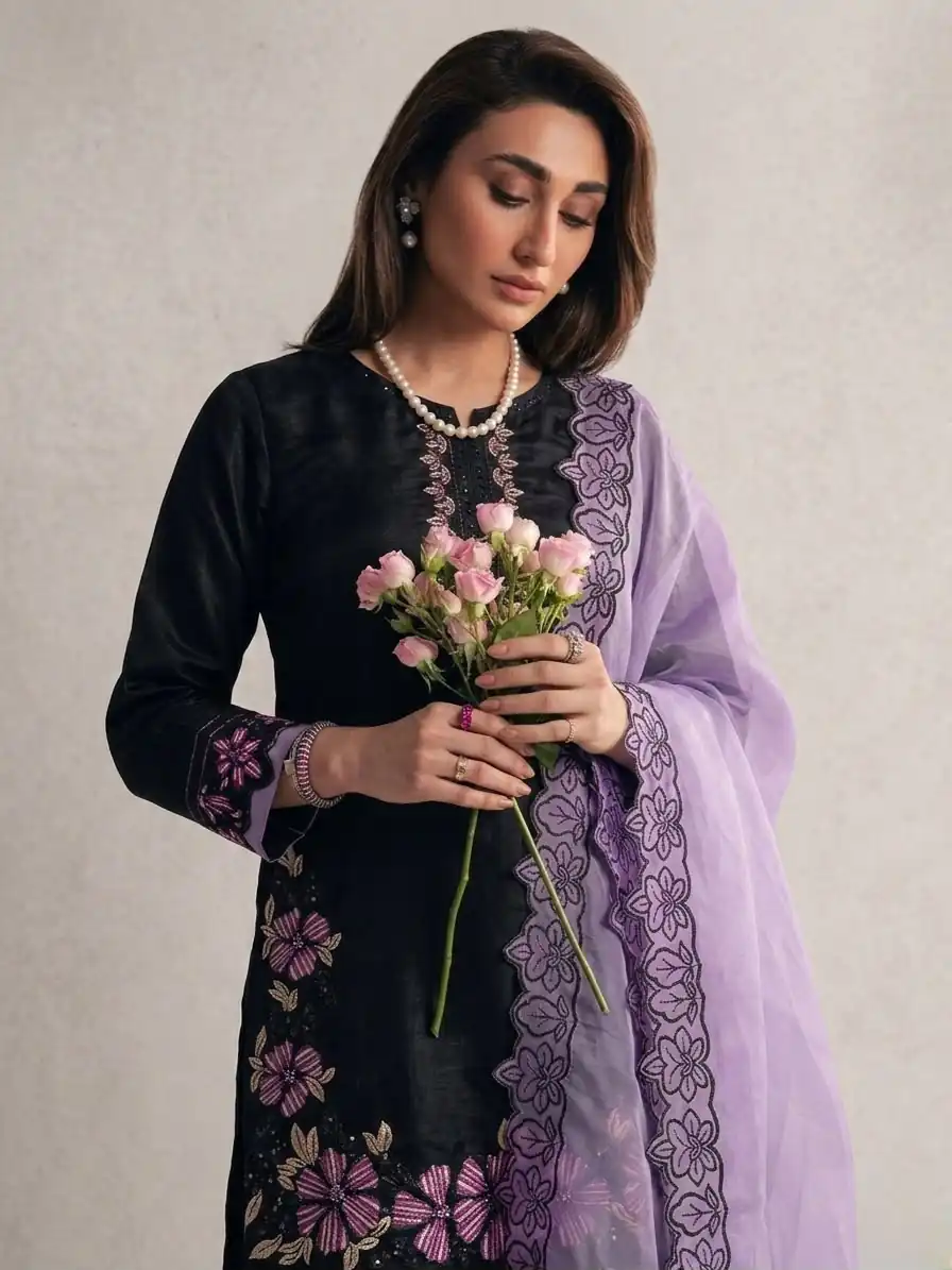 Shiny Purple Roman Glass Embroidery Work Salwar Suit