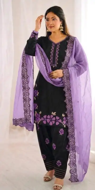 Shiny Purple Roman Glass Embroidery Work Salwar Suit