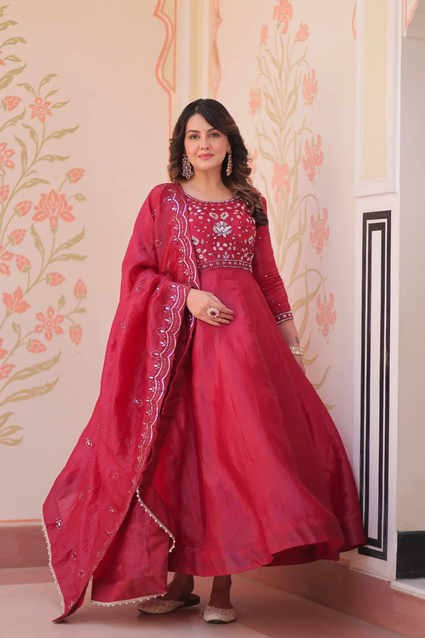 Shiny Red Gold Crush Beads Embroidery Work Gown